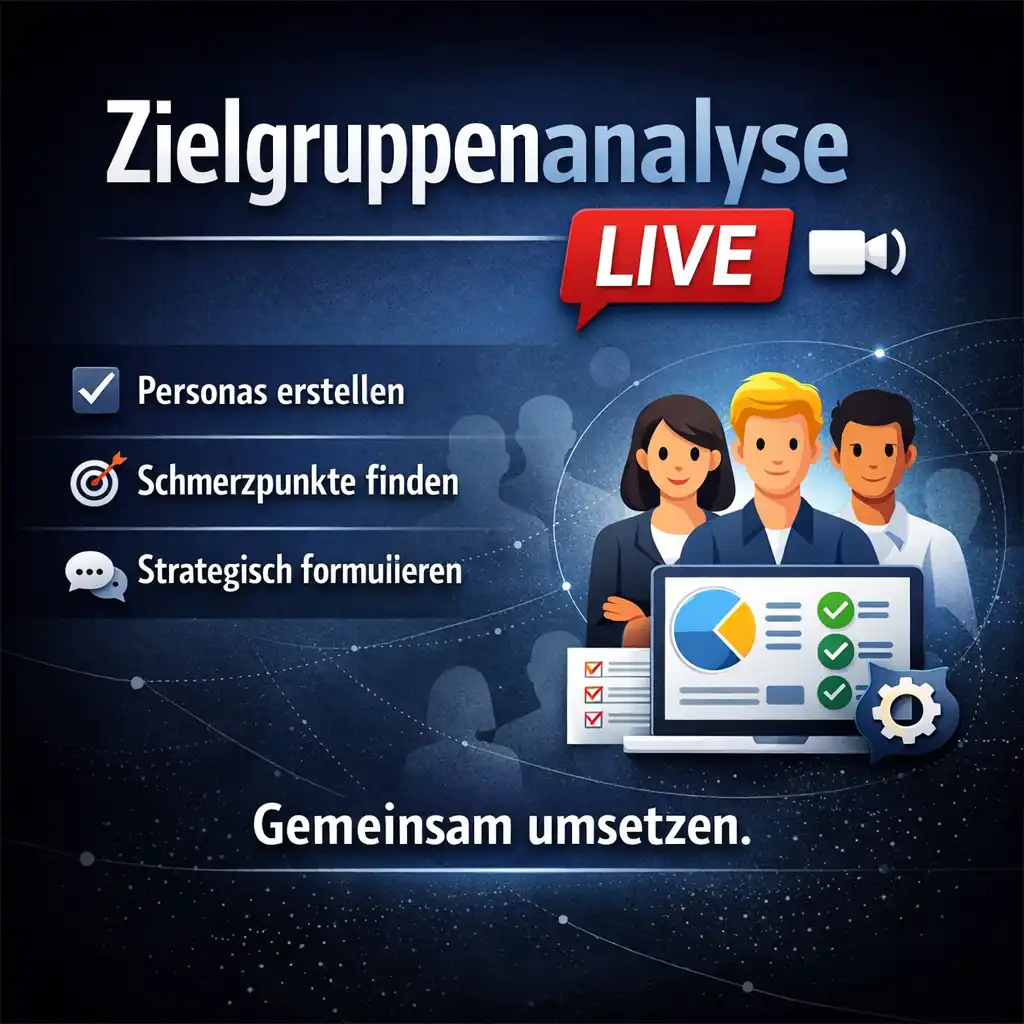 Quadratische Grafik zur Zielgruppenanalyse Live. Dunkler blauer Hintergrund mit Titel, Stichpunkten zu Personas, Schmerzpunkten und strategischer Formulierung sowie dem Claim „Gemeinsam umsetzen“.